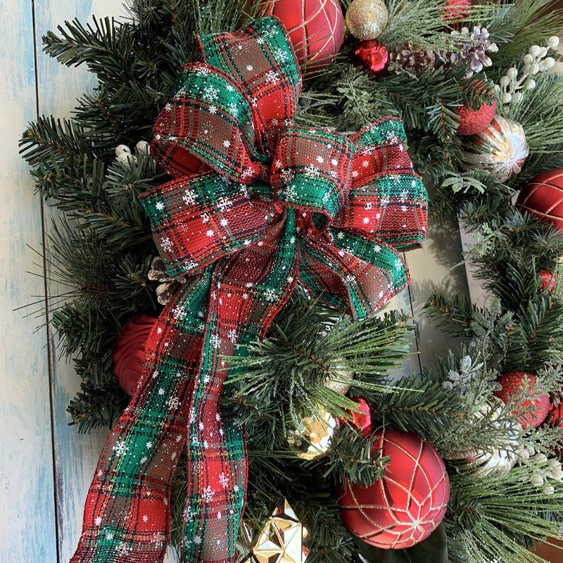 GiftWrap Etc. Snowflake Plaid Christmas Wreath Bow - 10" Wide, 18" Long Pre-Tied Bow, Door Decoration, Gift Basket, Swag, Garland, Fall Decor, Winter, Thanksgiving - Image 2